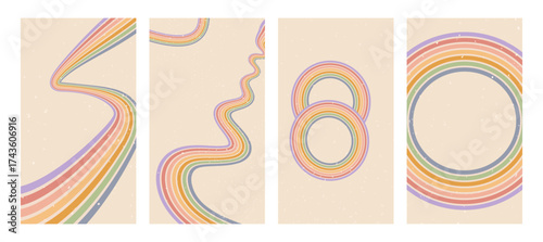 Groovy rainbow arch lines and round element backgrounds set. Wavy arc stripes vintage colors covers for social media collection. Playful wave arch wall. Vector retro beige wiggle decoration ornament.