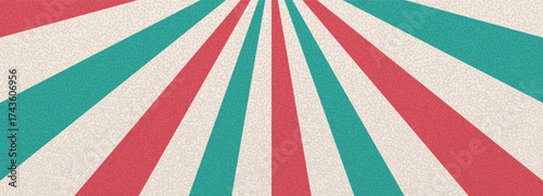 Groovy red and green circus pinwheel with grainy noise texture. Retro starburst background. Sun rays abstract illustration. Vector carnival decoration. Radial stripes vintage backdrop.