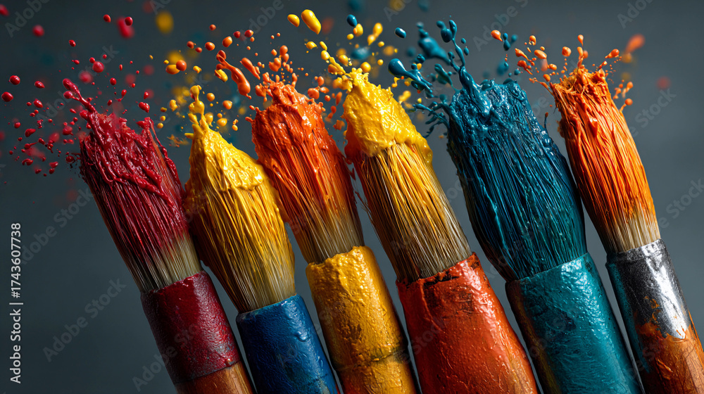 Fototapeta premium Colorful paintbrushes with vibrant paint splashes against a dark background.
