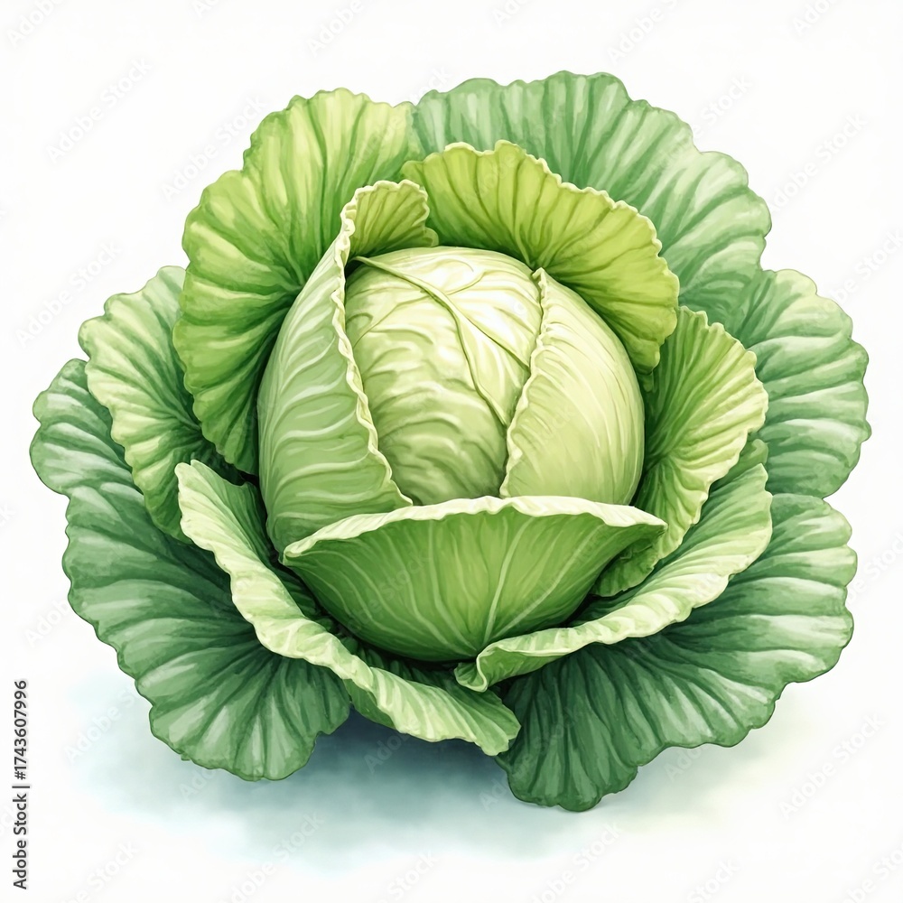 Obraz premium Vibrant green cabbage head with layered leaves, perfect for healthy eating and natural product design.