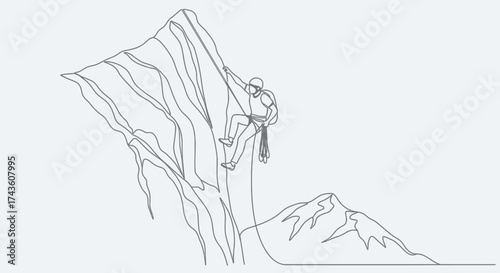 Single line drawing illustration showing a climber rappelling down a steep mountain face