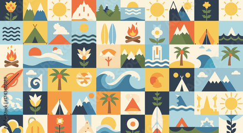 Colorful mosaic of stylized nature icons celebrating outdoor adventures and summer landscapes