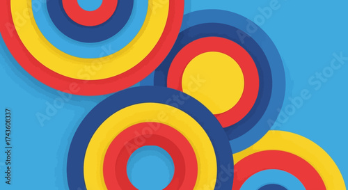 Playful circles composition on a bright blue backdrop, offering dynamic visual rhythm and vibrant