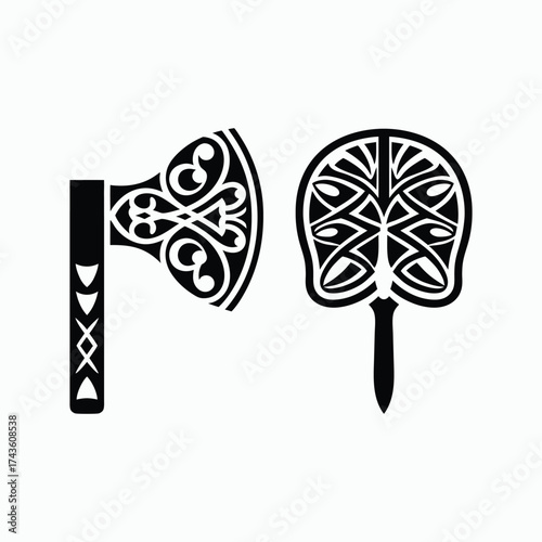 Axe Shield Tribal Ornament Decorative Symbol Warrior Design Vector Illustration