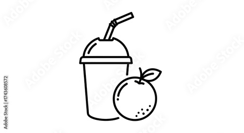 Line art icon of a smoothie cup with straw and an apple, isolated on white background