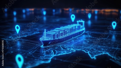 A futuristic holographic representation of a cargo ship navigating a digital map with location markers.