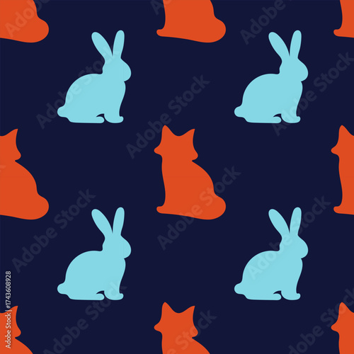 Seamless repeating pattern with silhouettes of a blue rabbit and an orange fox on a dark blue background for fabric design, wallpaper, packaging