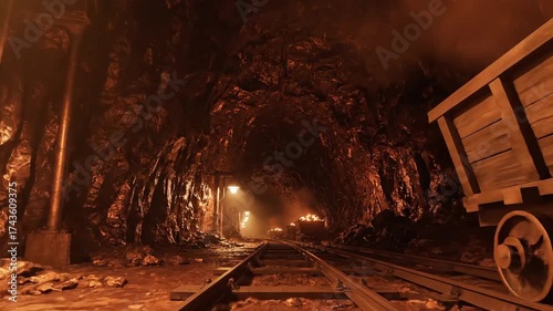 Deep underground cavern with an abandoned railroad and a lone mine cart, the dark rocky passage illuminated by distant fiery lights and smoldering embers