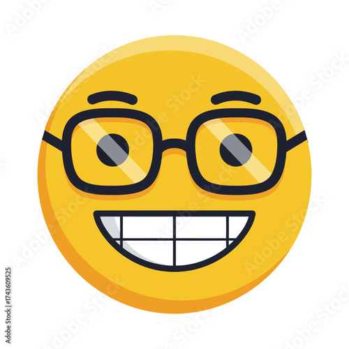 Cheerful nerd face emoji with a big toothy smile and glasses