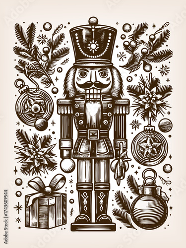 nutcracker soldier surrounded by Christmas ornaments, pine branches, poinsettias, and a wrapped gift sketch engraving generative ai raster illustration. Scratch board imitation. Black and white image.
