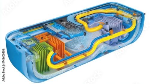 Cross-Sectional View of Fluid Dynamics in a Modern Cooling System with Colorful Tubes and Efficient Design
