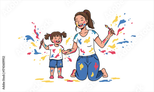 Mother and Daughter Painting Together, Splashing Colors in Joyful Creative Play
