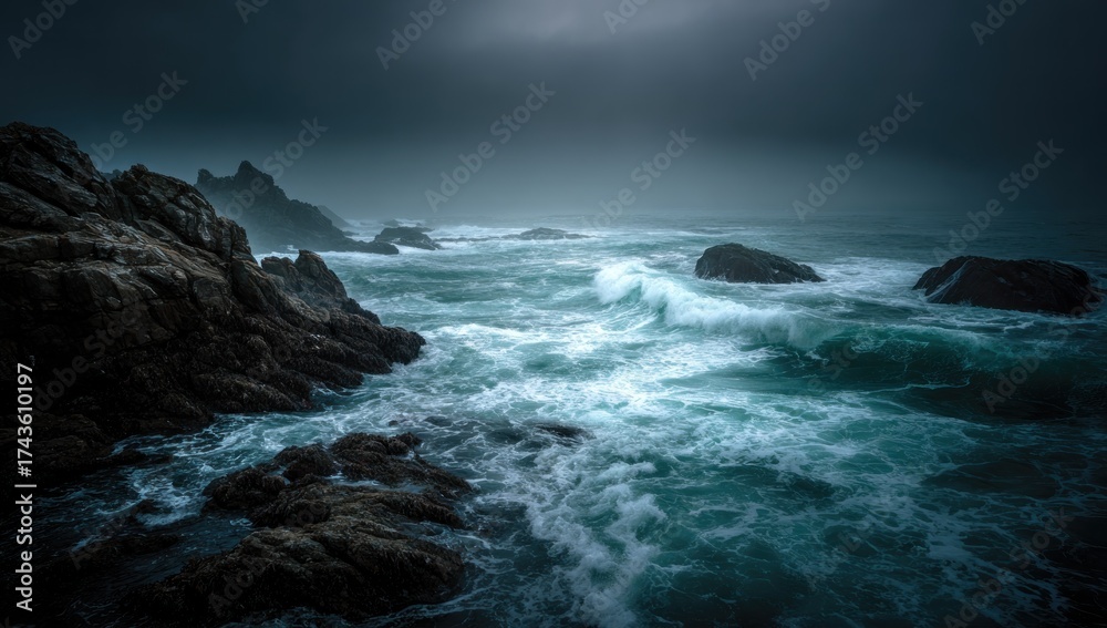 Fototapeta premium Dramatic coastal landscape with rocky shores, crashing waves, and a stormy, overcast sky
