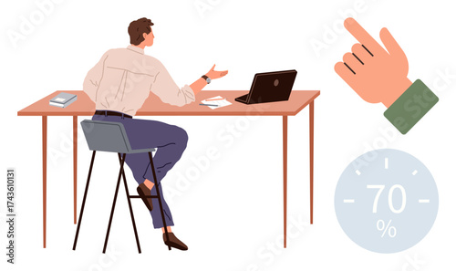 Man seated at desk with laptop and notebook, gesturing during discussion. Hand and percentage graphic represent progress and interaction. Ideal for communication, teamwork, brainstorming, technology
