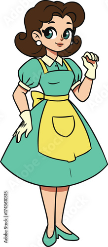 Cartoon vintage housewife character illustration, retro 1950s woman in apron, domestic lifestyle design, cheerful female figure, classic homemaker clipart, nostalgic fashion artwork, friendly pose