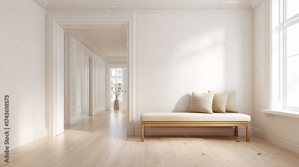 Fototapeta premium Minimalist white room and hallway with a modern bench and light wood flooring