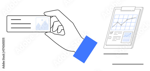 Hand holding ID card near clipboard with data graphs and charts. Ideal for identity, analysis, management, organization, business, documentation, verification. Simple flat metaphor