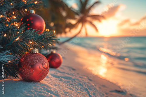 Beautiful christmas decorations and tropical beach view ai generative