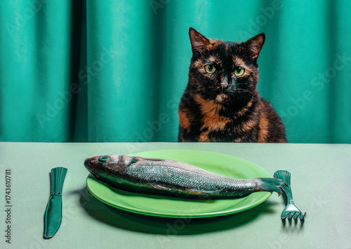 Cat waiting at table with raw fish on green plate in humorous setting