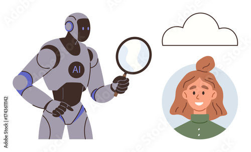 Robot with magnifying glass studies a human profile under cloud. Ideal for AI, data analysis, cloud computing, user profiling, technology, cybersecurity, innovation metaphor. Simple flat metaphor