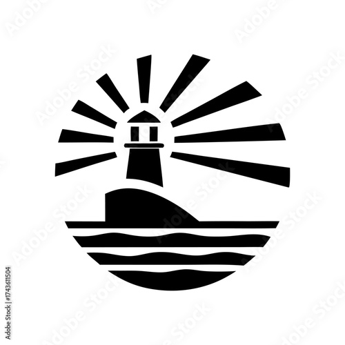 Minimal black and white lighthouse on hill with wavy waters and sun rays, suitable for nautical branding, maritime navigation and coastal landscape graphics