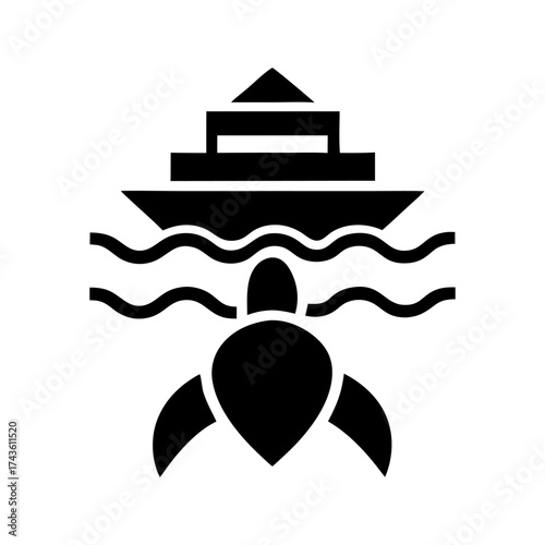 Black silhouette sea turtle swimming under large ship, suitable for marine conservation themes, ocean wildlife protection and maritime impact awareness projects