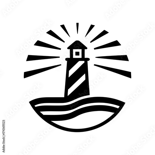 Black and white lighthouse icon with light beams over stylized waves, suitable for sea navigation, coastal safety and marine business branding