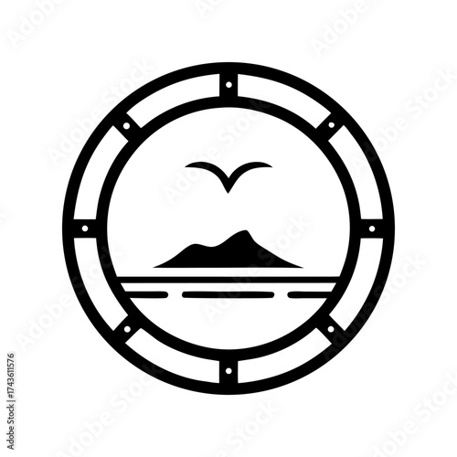 Circular vector design showing porthole view with seagull, island and sea, suitable for nautical branding, marine travel promotions or seafaring business identity