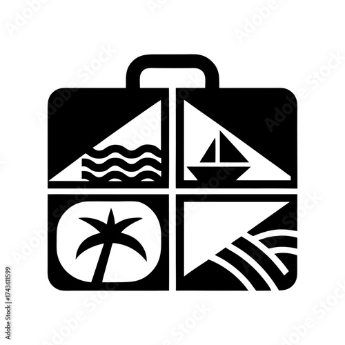 Black and white suitcase with cruise ship, palm tree, sun and waves, suitable for summer holiday branding, travel agency promotions or seaside resort identity
