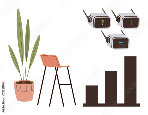 High chair and plant complement AI robots with expression displays and a bar chart for data trends. Ideal for AI, office setup, business growth, automation, technology, creativity, simple flat