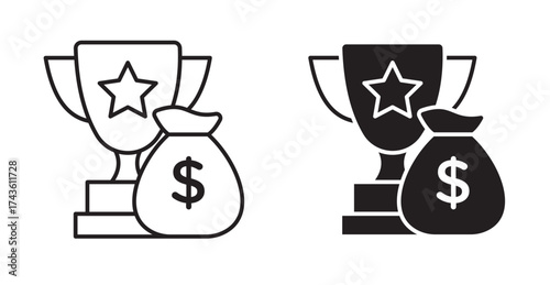 A prize money icon typically combines symbols of a reward (like a trophy or medal) with symbols of money to visually represent financial rewards, success, or winning a competition