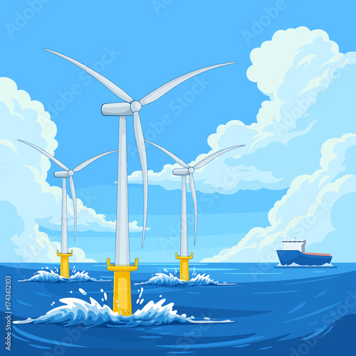 Vector art of offshore wind farm with wind turbines in the sea generating clean energy