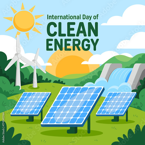 Vector art of international day of clean energy with solar panels and wind turbine