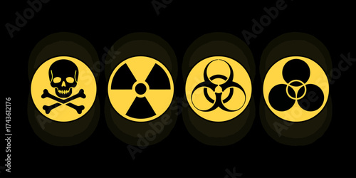Vector art of collection of hazard symbols in yellow on a