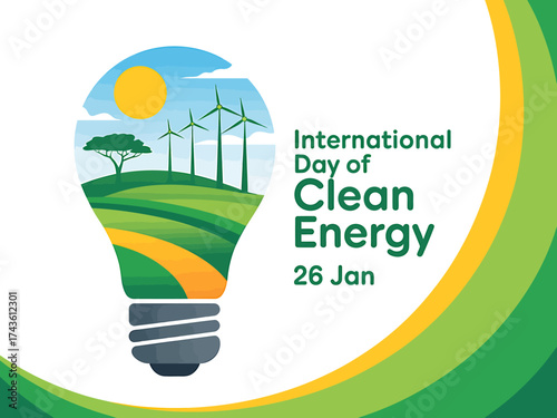 Vector art of international day of clean energy illustration with light bulb and windmills