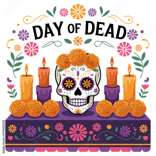 Day of the Dead decorative altar with a skull and candles in colorful design. This illustration captures the vibrant essence of the Mexican holiday
