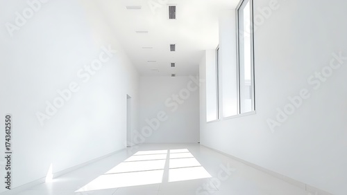 Modern white office corridor with large windows and clean lines.
