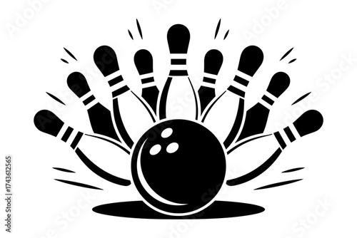 Vector art of bowling ball hitting pins in black and white