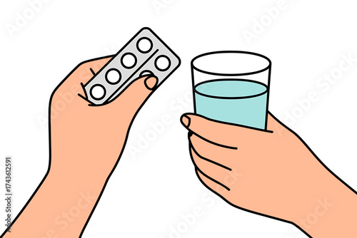 Vector art of person holding pills and glass of water