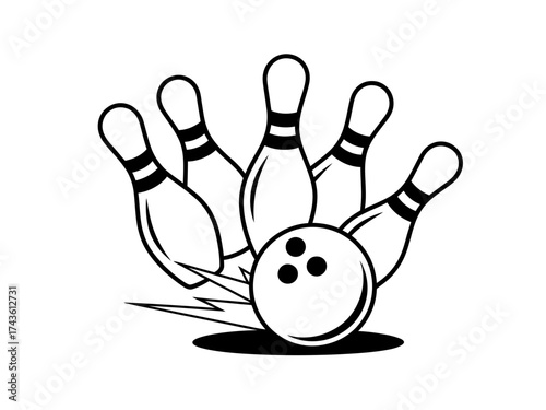 Vector illustration of a bowling ball hitting pins in a dynamic strike moment, isolated on a white background
