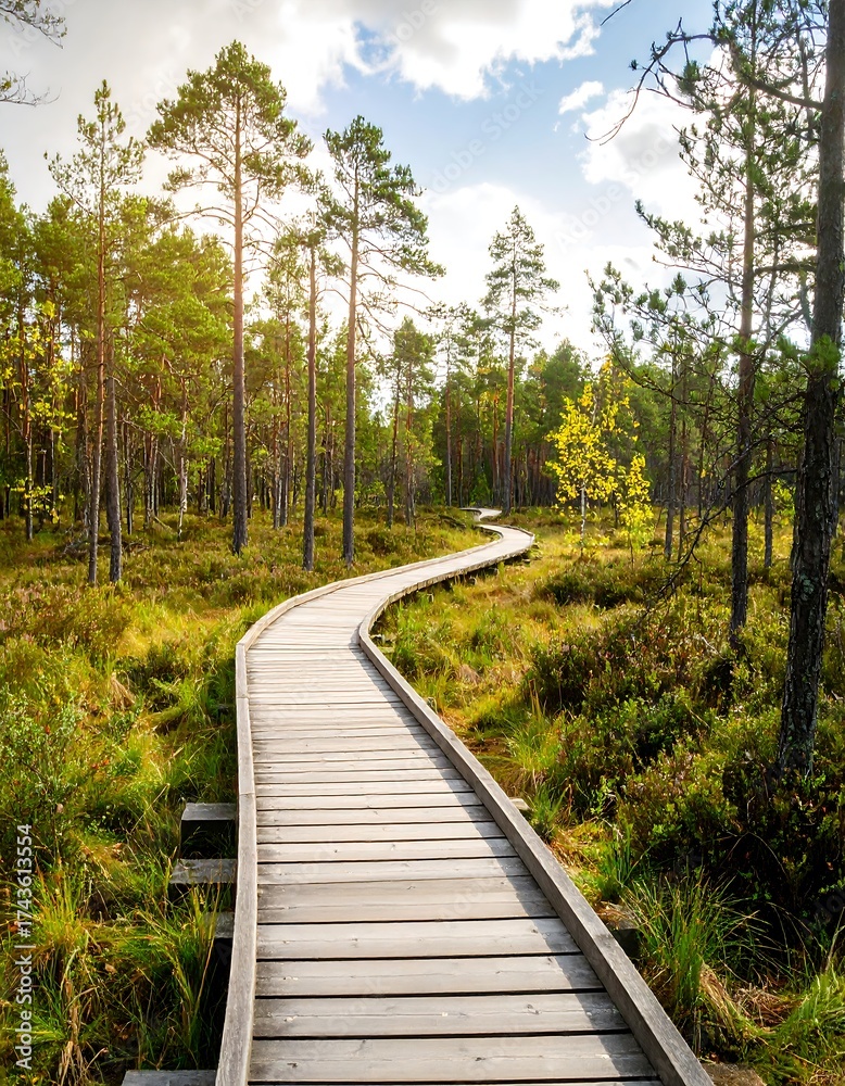 Obraz premium Winding boardwalk through a forest