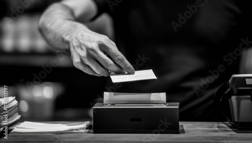 Hand reaching for a small white slip above a printing device, close-up, black and white