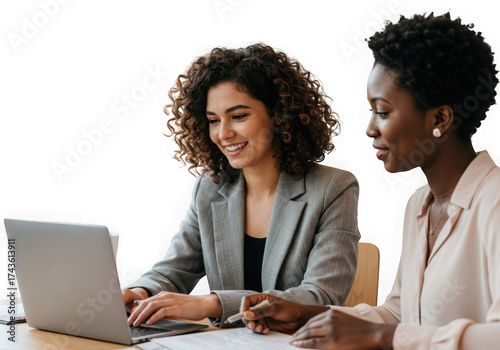Two women working together on a laptop isolated on transparent background