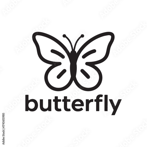 A minimalist black logo design of a butterfly.