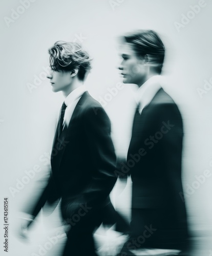 Two stylish men in black coats walking confidently in a blurred motion effect, showcasing modern fashion trends and dynamic movement in a minimalist studio setting