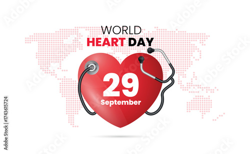 World Heart Day is illustrated with hearts and text to raise awareness of heart health, which is celebrated every September 29th. to raise awareness of cardiovascular disease.