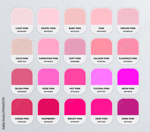 Pink color codes shades guide palette catalog with color names
