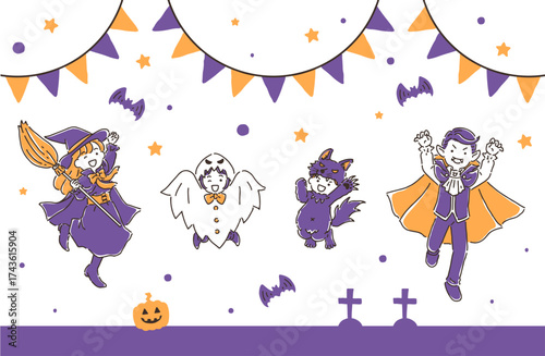 楽しそうにジャンプしている仮装をした家族・ハロウィンカラーセット