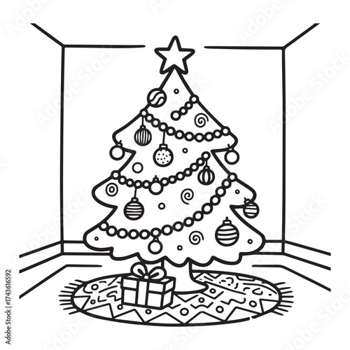 Delightful Christmas tree illustration with ornaments, garlands, star, gift, and festive charm.