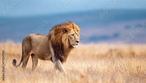 Wallpaper Mural Majestic male lion with a full mane walking confidently through tall, golden savanna grass Torontodigital.ca